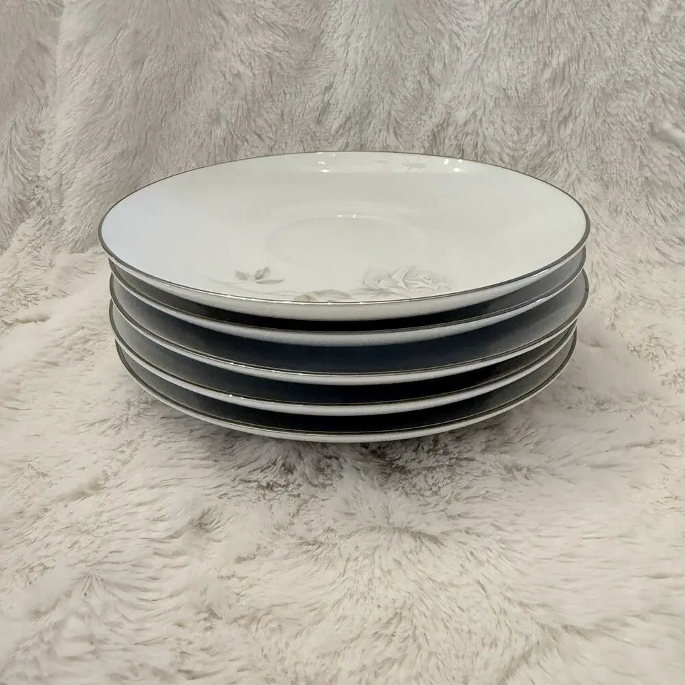 5 Noritake Rosay Flat Saucers 6216 White Rose Platinum Trim EUC